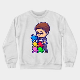 Cute Boy Connecting Puzzle Pieces Cartoon Crewneck Sweatshirt